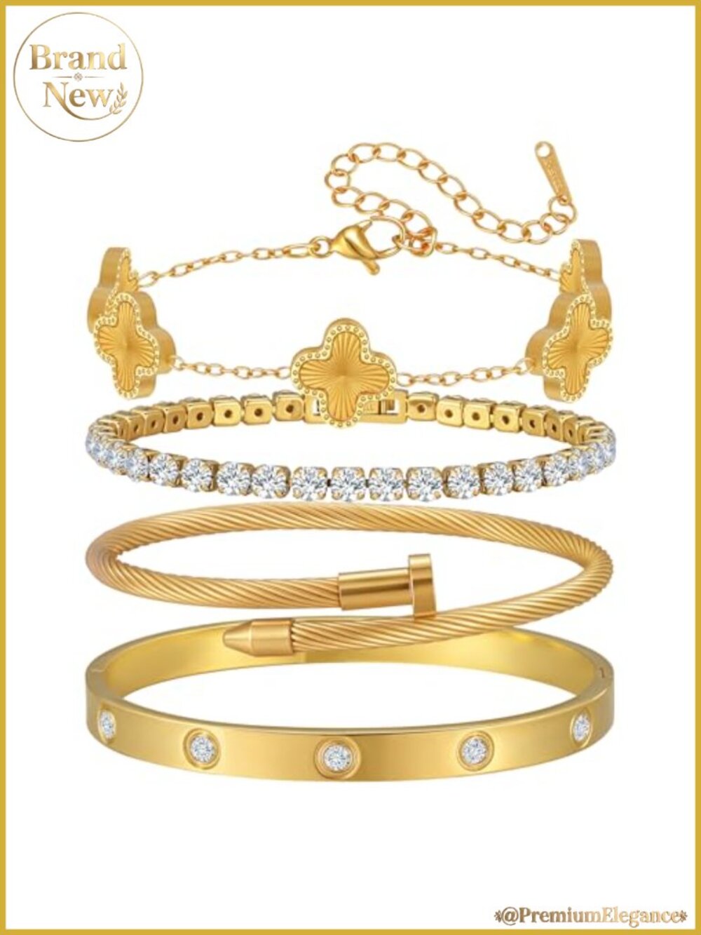 18K Gold Plated Bangle Bracelets Stack for Women, 4 Pcs Non Tarnish Jewelry Set